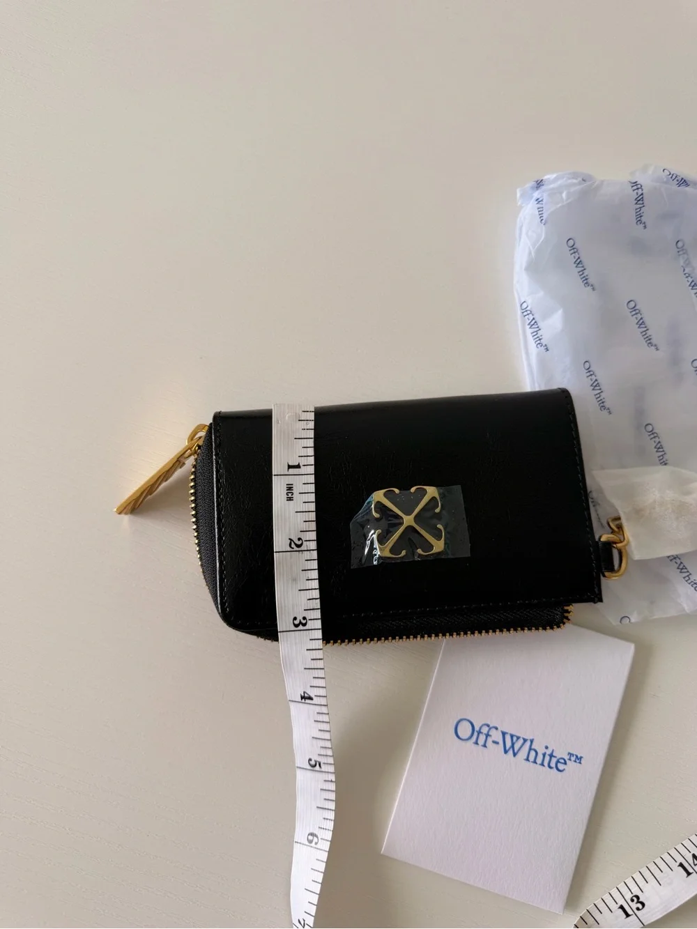 New Off-White Black Keychain Wallet, Leather Zip Card Pouch with Gold Zipper
